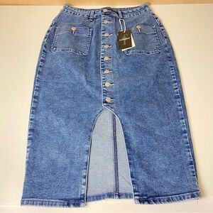 Flamingals NWT Button Front Denim Midi Skirt High Waisted Slit Medium